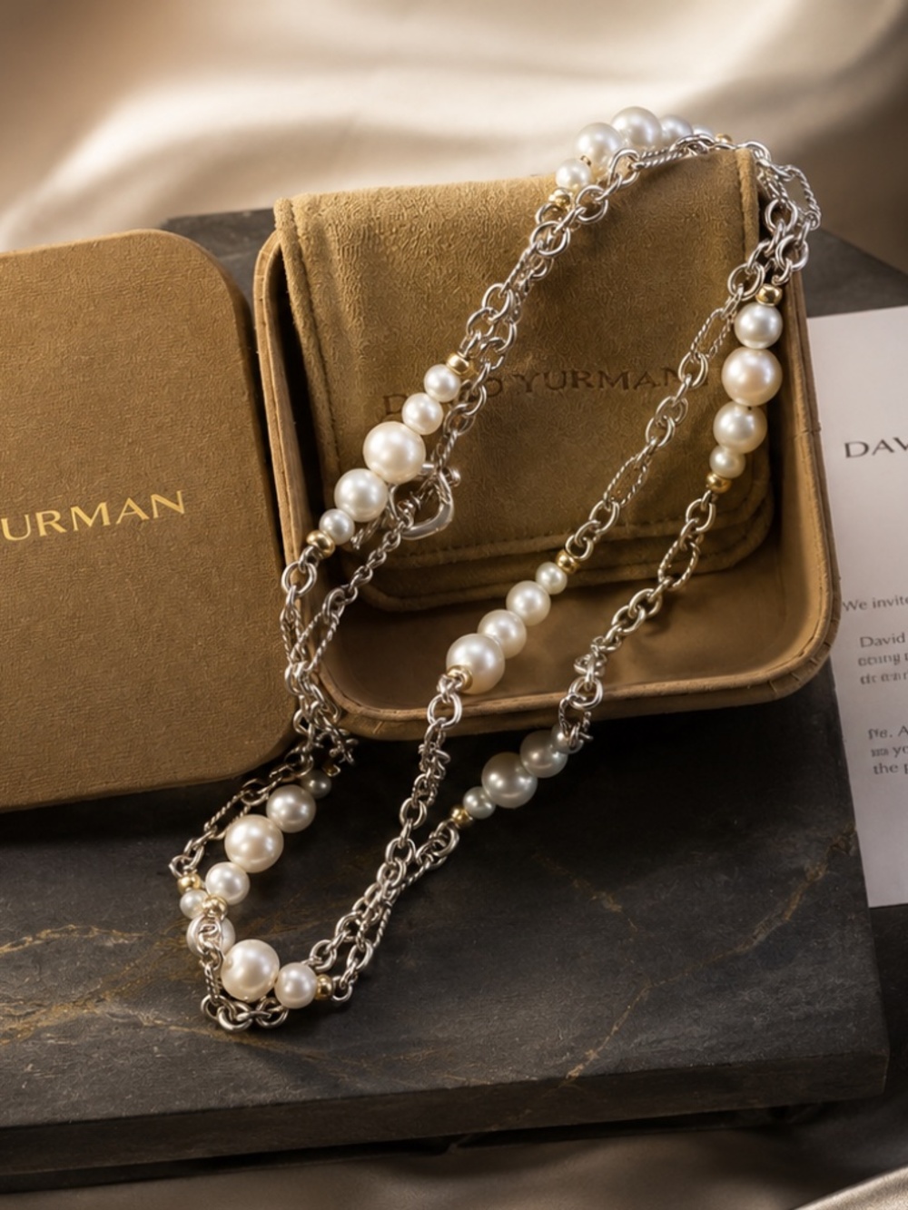 David Yurman Pearl Figaro Station Necklace 35.5” Sterling Silver 18K Gold